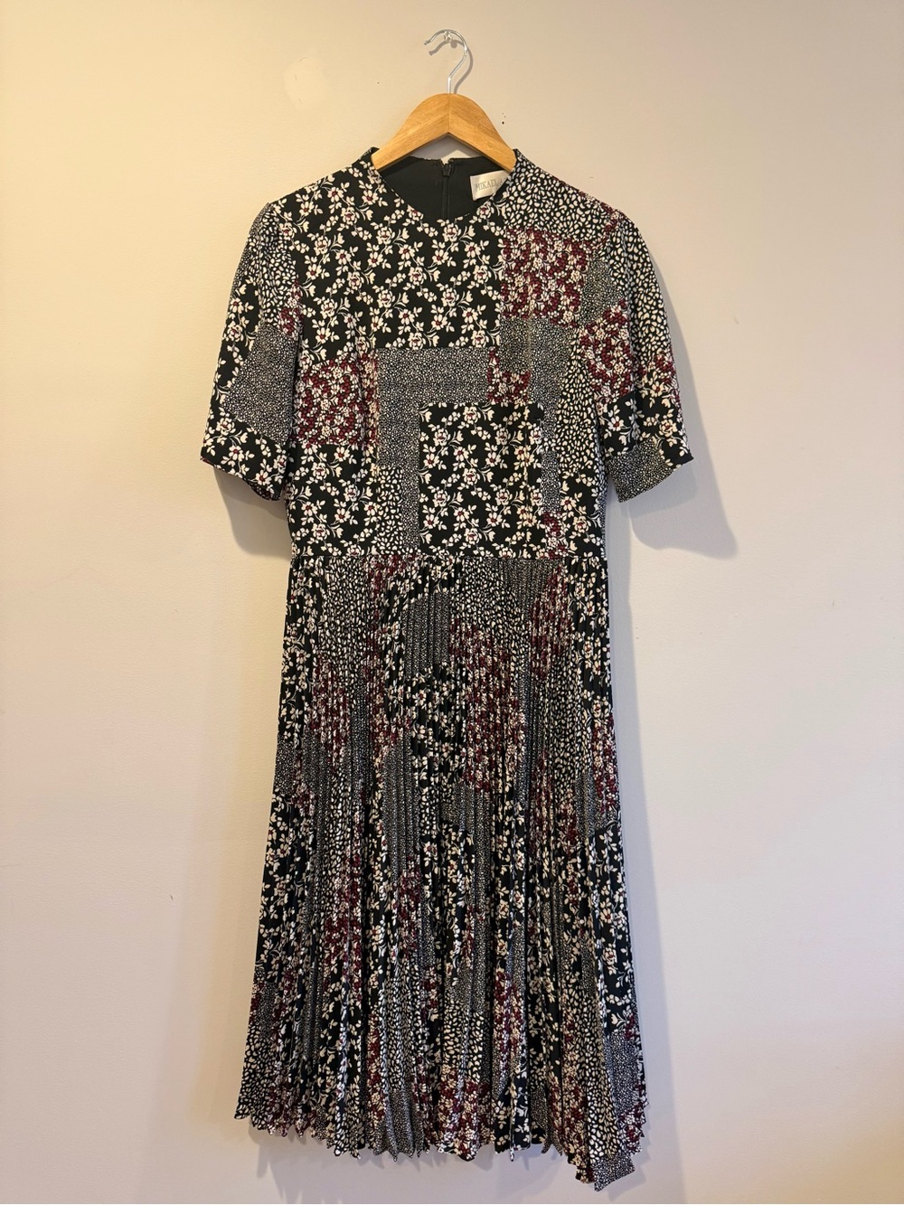 Mikael Aghal Black Floral Patchwork Pleated Midi Dress with Maroon Accents